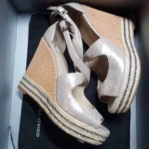 Brian Atwood size 8 Metallic Leather Platform Wedge Sandals with Rattan and Jute